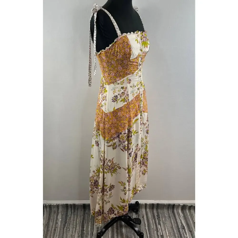 FREE PEOPLE Light Combo Lover Boy Tie Strap Button Up Maxi Dress OB902389 Boho 0 - Picture 4 of 10